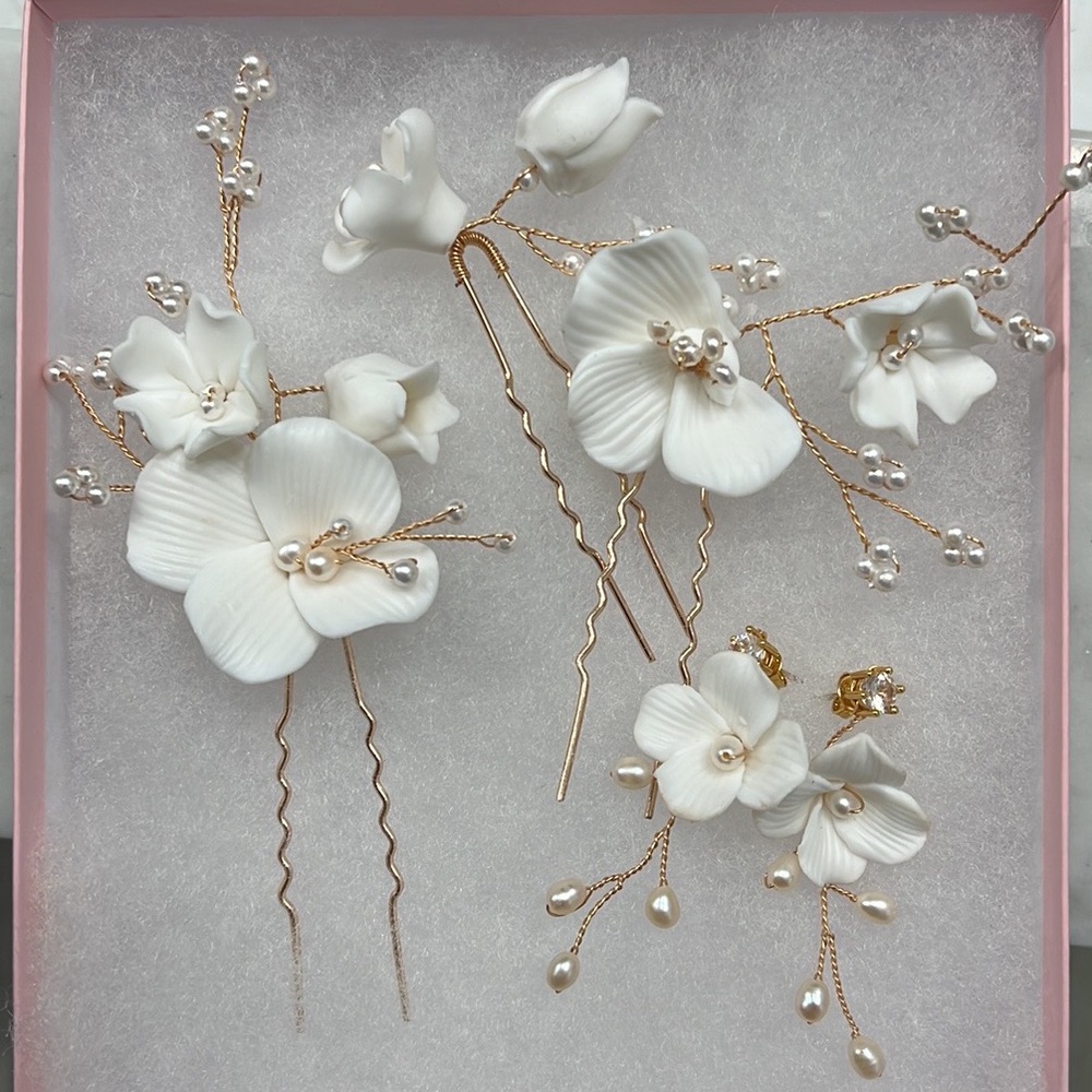 Flora hair pins and stud earrings bridal jewelry by Jay Kay Braids and Bridal